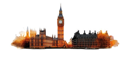 Watercolor depiction of Big Ben tower highlighting its iconic structure and surrounding area in a serene setting