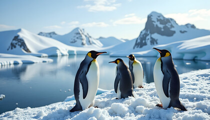 Fototapeta premium Group of emperor penguins on snowy landscape, symbolizing wildlife conservation and environmental awareness, copy space 