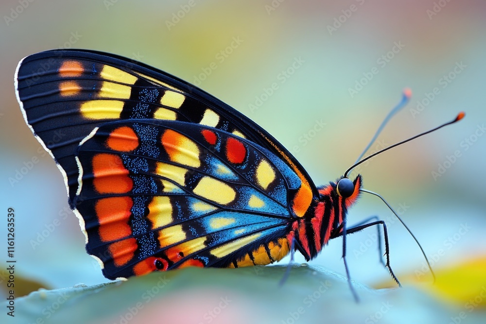 Poster a close-up shot of a butterfly resting on a leaf, with intricate details visible