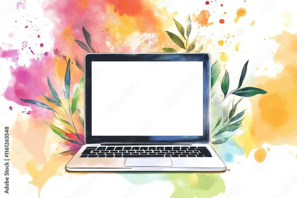 Poster a laptop computer sitting on a table, ready to use