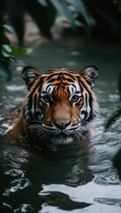 Fototapeta premium A majestic tiger wades through water, surrounded by lush greenery.
