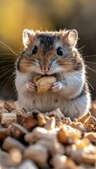 A cute hamster holding a nut amidst wood chips, showcasing its playful nature.
