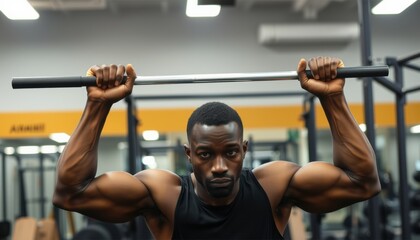 Naklejka premium A focused individual engages in a challenging exercise, lifting a barbell overhead with impressive strength and determination