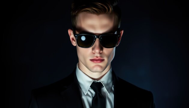 A young man stands confidently in a sharp suit and sunglasses, creating an enigmatic aura. The dark background enhances his striking presence, emphasizing a powerful vibe