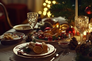 A festive table setting with a lit Christmas tree in the background, perfect for holidays and celebrations