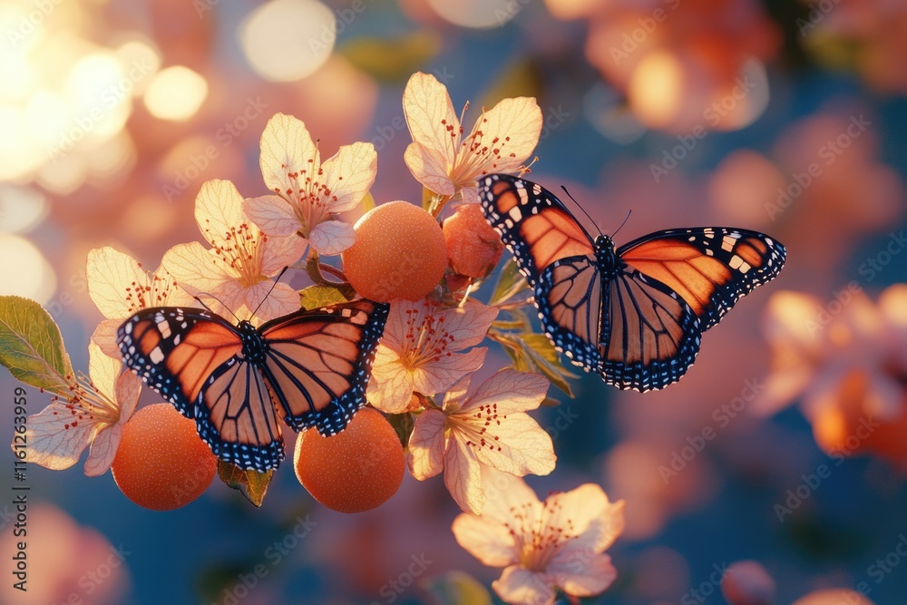 Poster a pair of colorful butterflies perched on the branches of a tree, ready to take flight