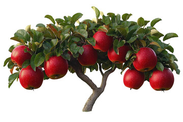Ripe red apples hanging from a branch of an apple tree with green leaves in a sunny landscape