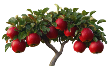 Ripe red apples hanging from a branch of an apple tree with green leaves in a sunny landscape