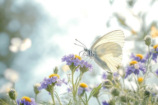 Close-up shot of a white butterfly perched on a purple flower