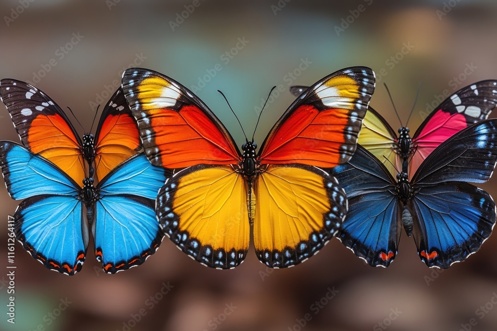 Poster three colorful butterflies sit on top of each other in a natural setting