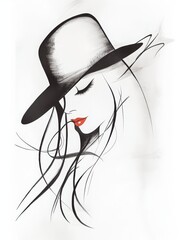 Elegant Minimalist Fashion Illustration of a Woman in a Wide-Brimmed Hat with Flowing Hair and Red Lips, Chic and Modern, Ai Generation