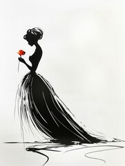 Elegant Silhouette of a Woman in a Flowing Gown Holding a Red Rose, Minimalist Fashion Illustration, Ai Generation