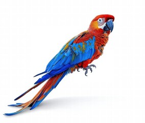 Obraz premium Vibrant parrot with colorful feathers perched in mid-flight against a white background