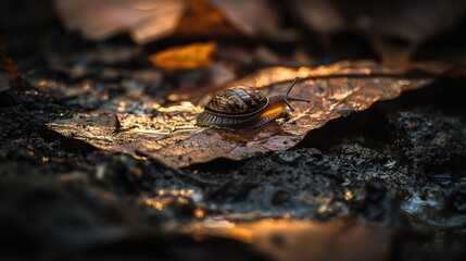 Fototapeta premium Golden Hour Snail: A Macro Journey Through Nature's Wonders