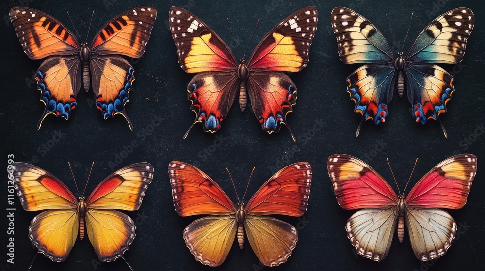 Poster a group of colorful butterflies perched on a table