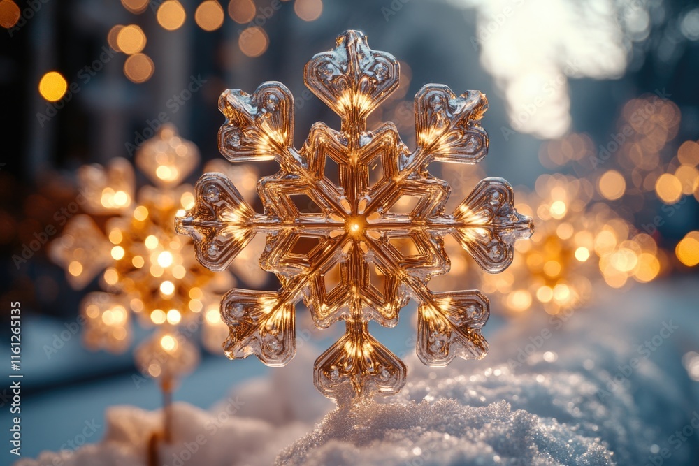 Poster Close-up view of a delicate snowflake with soft lights in the background