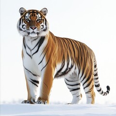 Obraz premium A majestic tiger stands proudly in a snowy landscape, showcasing its striking fur and stature.