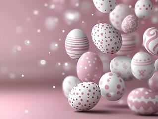 A whimsical Easter arrangement featuring white and pink eggs decorated with intricate patterns of dots, stripes and florals that seem to float gracefully against a soft pink background. A soft bokeh e