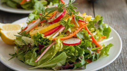 "Fresh Green Salad Delight with Crisp Vegetables, Crumbled Feta Cheese, Toasted Walnuts, and Light Vinaigrette Served on a White Plate in a Clean, Minimalist Background"
