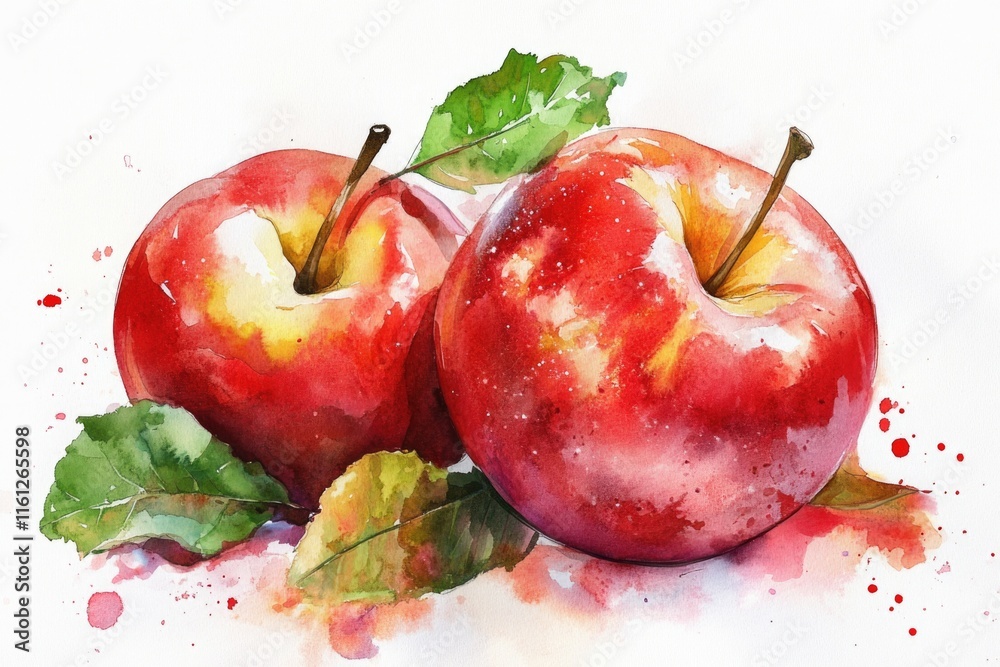 Poster a still life of two red apples on a branch with green leaves, ideal for use in food or nature-themed
