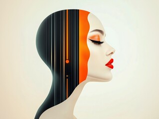 Modern Abstract Portrait of a Woman with Futuristic Digital Design, Bold Red Lips, and Vibrant Orange Accents