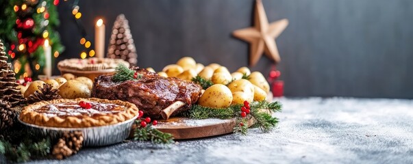 Fototapeta premium A festive holiday spread featuring roasted meat, potatoes, and pie, decorated with seasonal elements.