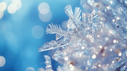 Close-up of a delicate snowflake on a tree branch, perfect for winter-themed designs