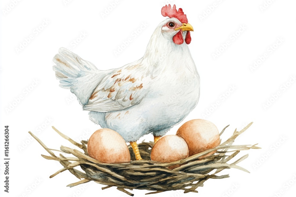 Poster a chicken stands proudly on top of a nest filled with eggs