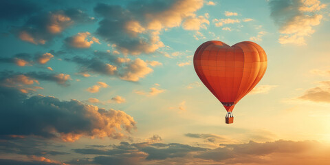 Obraz premium Hot air balloon in heart shape against cloudy sky. Love and Valentines Day concept. Abstract Romantic Banner. Valentine's Day Background