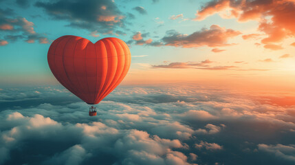 Obraz premium Hot air balloon in heart shape against cloudy sky at sunset. Abstract Romantic Banner. Valentine's Day Background. Love concept