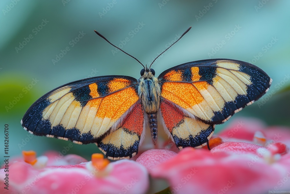Poster close-up shot of a butterfly perched on a colorful flower, with intricate details and textures visib
