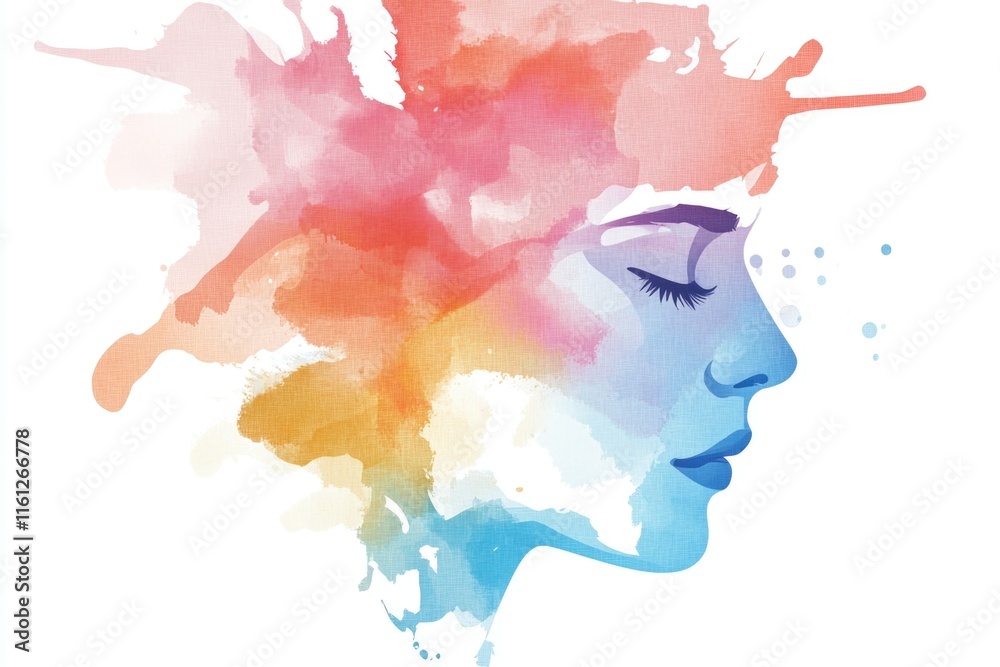 Poster watercolor portrait of a woman's face with soft features and gentle expressions