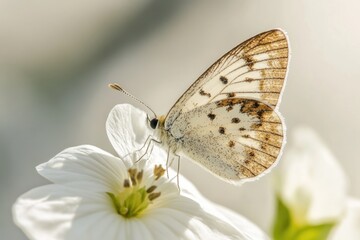 Obraz premium A delicate white butterfly perches on the petals of a pure white flower, surrounded by calm and serenity