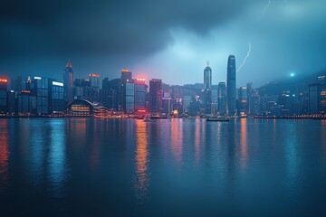 Fototapeta premium A vibrant city skyline reflects in the water as dark clouds gather overhead. Lightning flashes in the distance, illuminating the towering buildings during the night storm.