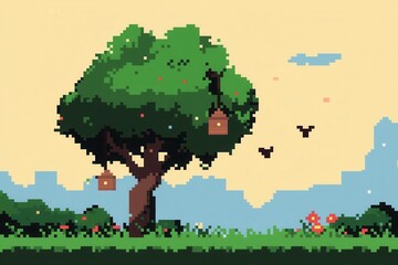 A charming 8-bit pixel art of a glowing pixelated tree with pixelated glowing birdhouses hanging from its branches, surrounded by tiny glowing birds, pixelated flowers, and sparkling grass under 