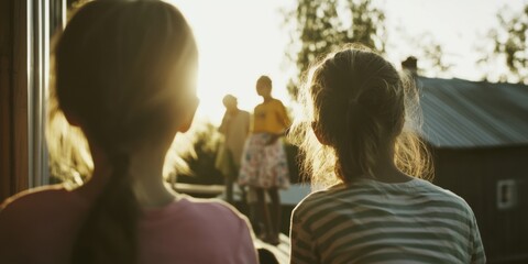 Fototapeta premium Young children joyously observing special family moments during a beautiful sunset
