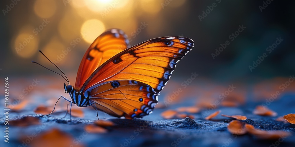 Poster a single orange butterfly perched on the surface of a leaf-covered ground, ideal for use in nature-i