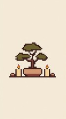 Naklejka premium A delightful 8-bit pixel art of a glowing pixelated bonsai tree with pixelated glowing leaves, surrounded by tiny pixelated pebbles, glowing candles, and a pastel cream and green background. 