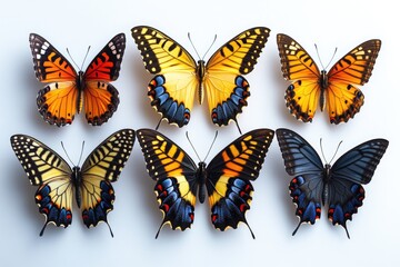 Obraz premium A group of colorful butterflies sit on a white surface, offering a bright and cheerful image