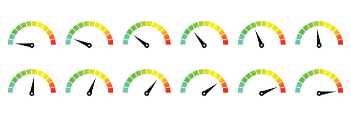 Dashboard colorful speedometer icons set. Performance indicator sign. Green and red, low and high barometers, dashboard with arrows. Car score progress icon.