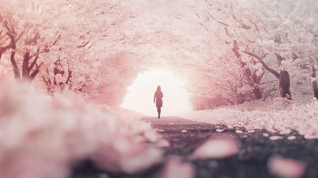 Illusreation of a person walking on a path made of blooming cherry blossoms under an archway of petals