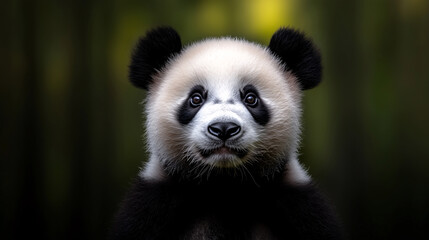 Obraz premium A close-up portrait of black and white cute panda face again green bamboo background