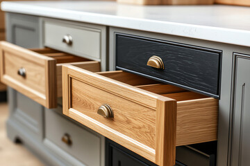 Develop a collection of Drawer fronts in different styles and finishes from a top-down perspective, illustrating endless possibilities for bespoke kitchen storage designs