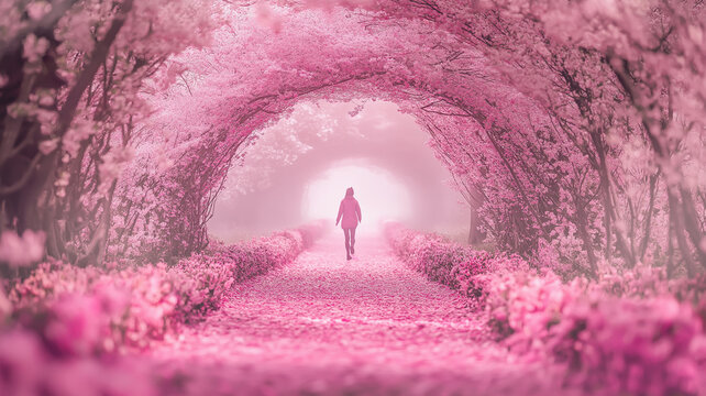 Illusreation of a person walking on a path made of blooming cherry blossoms under an archway of petals