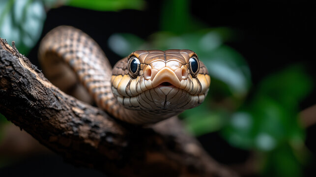 A brown snake coiled around a tree branch with tropic leaves