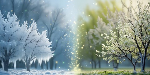 Winter to Spring: Frosty Trees and Budding Branches in a Cinematic Scene
