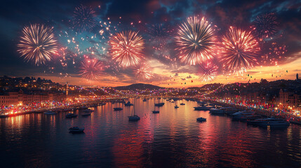 Fototapeta premium A bustling harbor lit up with colorful string lights and decorations, boats adorned with flags, and crowds celebrating along the waterfront, vibrant fireworks creating a joyful and lively atmosphere