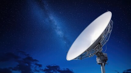 Satellite dish capturing signals under starry sky at night technology astronomy outdoor wide angle communication