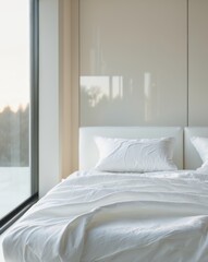 Modern bedroom with a white bed and blanket near window