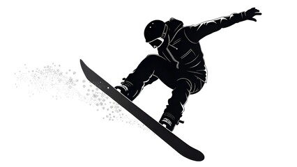 Silhouette of a snowboarder jumping isolated.
